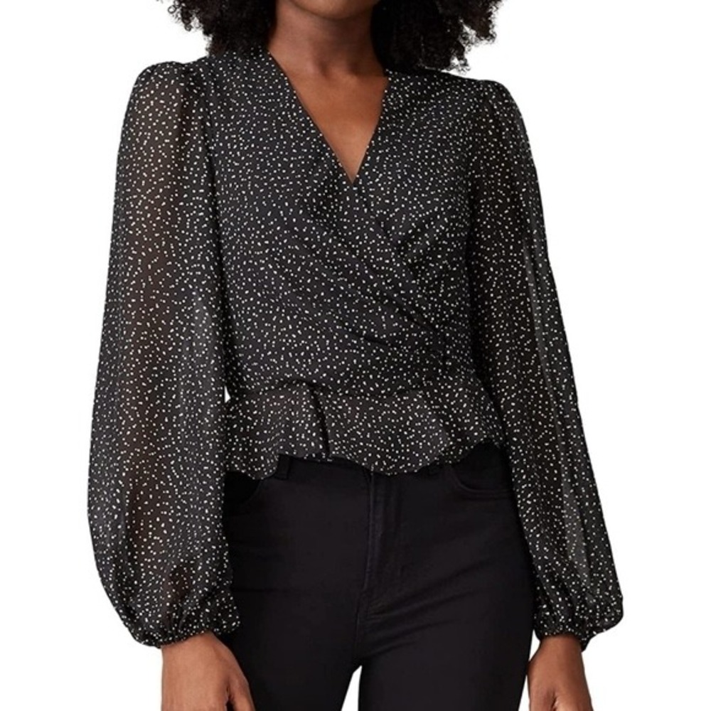 JILL Jill Stuart Black Polka Dot Wrap Peplum Balloon Sleeve Blouse Top Sz 2